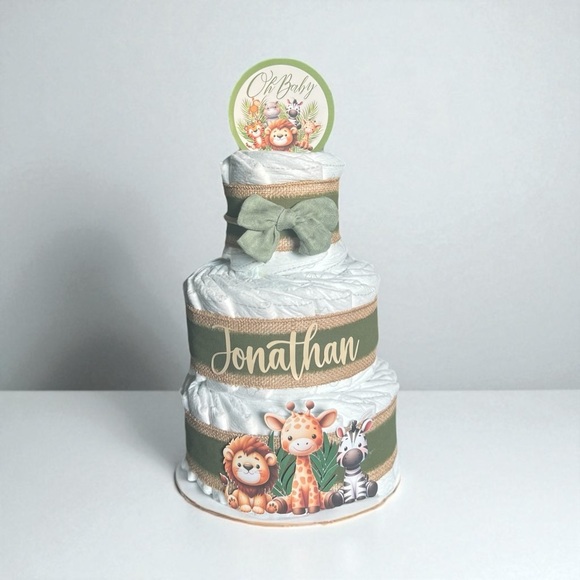 🦁 Personalized Safari Diaper Cake - 3 Tier | Baby Shower Centerpiece 🎁 - Picture 2 of 4